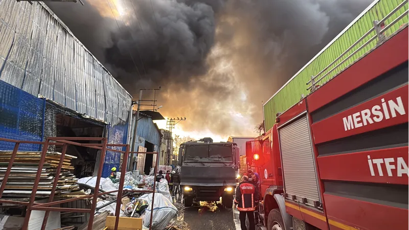 Mersin'de geri dönüşüm fabrikasının deposundaki yangına müdahale ediliyor